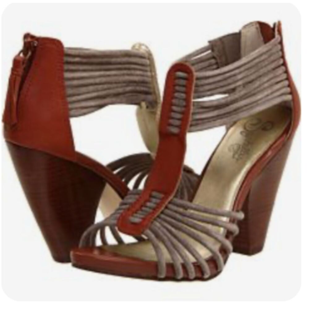 Women's Seychelles Time Will Tell T-Strap Heeled Sandals in Gray & Whiskey Brown